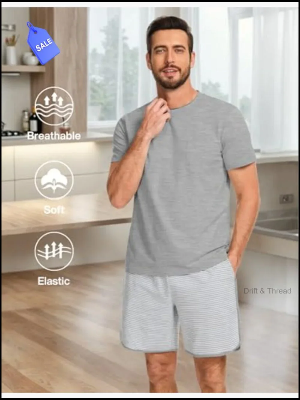 Men's Cotton Pajama Set Striped 2 Piece Lounge Short Sleeve